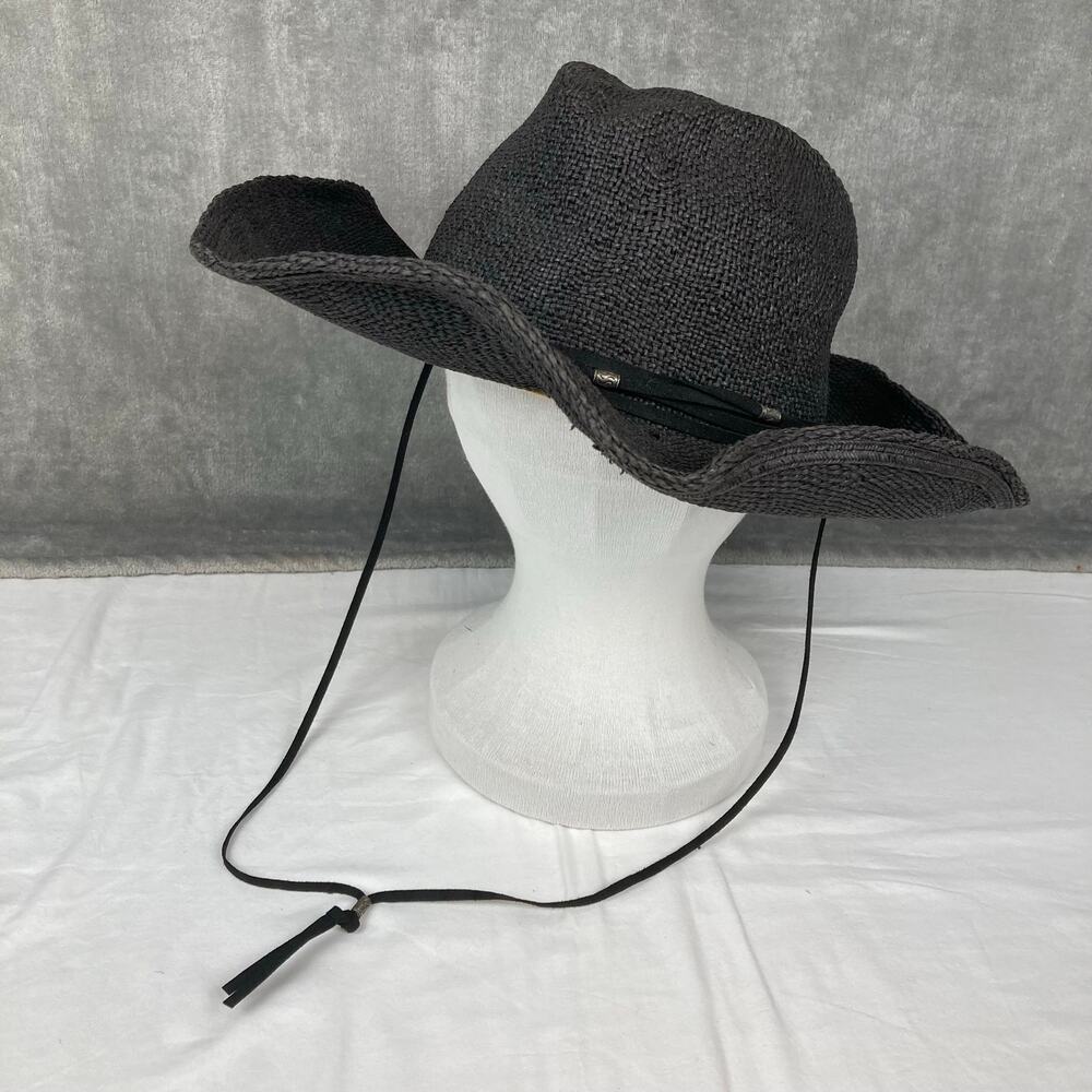 Coolibar Laurel Canyon Cowboy Woven Hat Black OS Strap Sun Protect Metal Accents